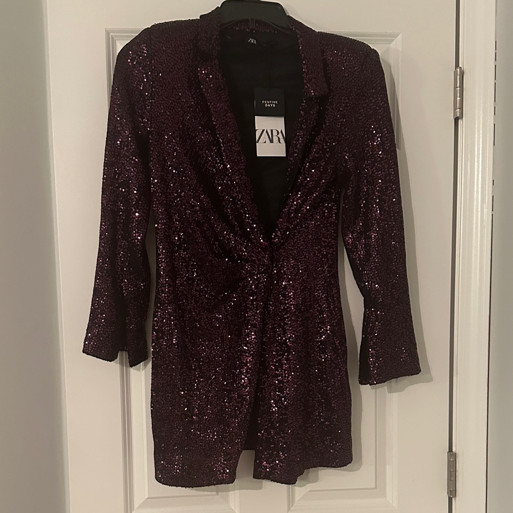 ZARA SEQUIN BLAZER WRAP LONG SLEEVE MINI DRESS Purple Size S New with Tag